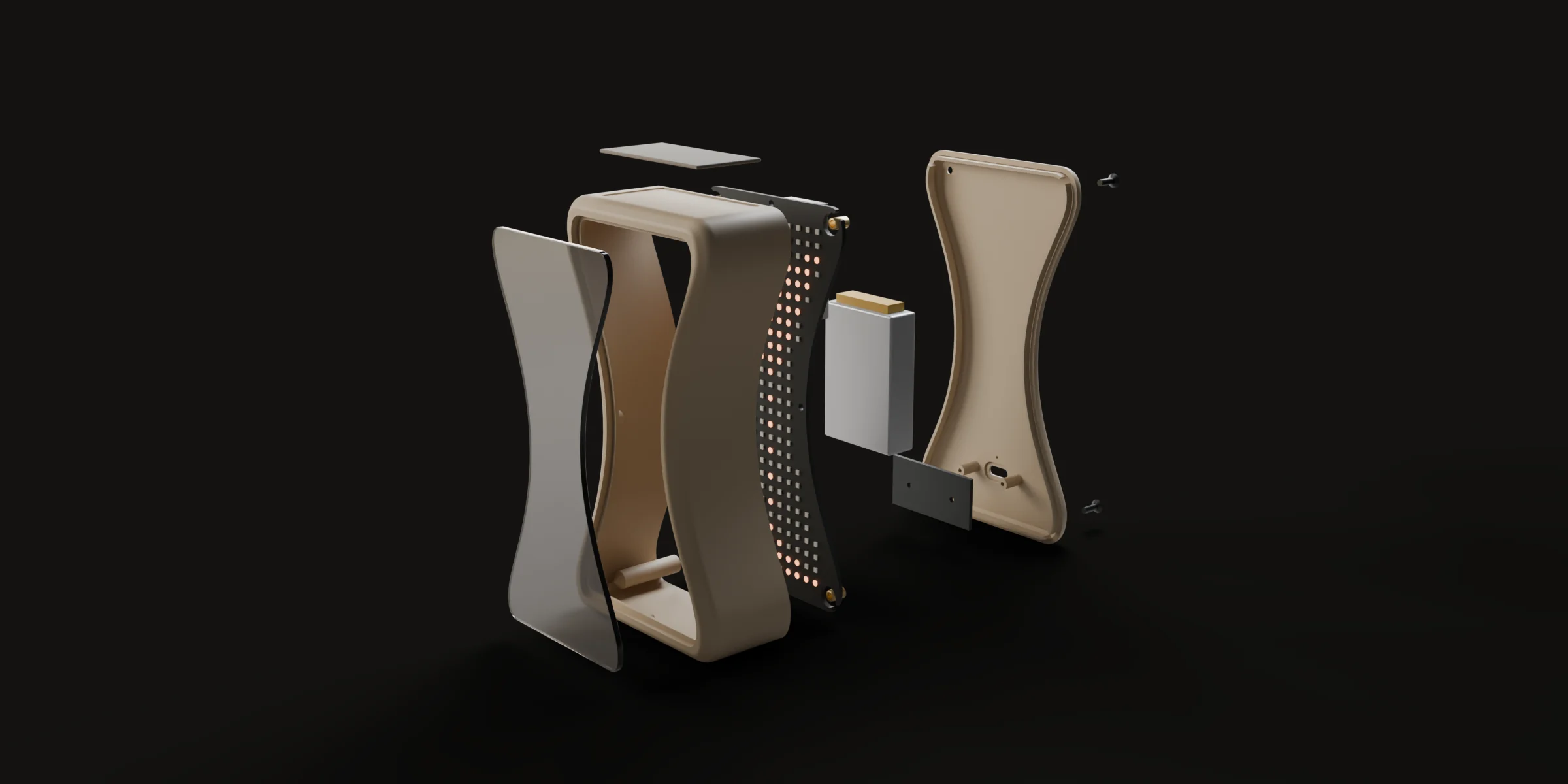 Grained uit elkaar getrokken: van voor naar achter het getinte glas, de behuizing, de printplaat met leds, de accu, het USB-C-printje en het deksel met vier schroeven.